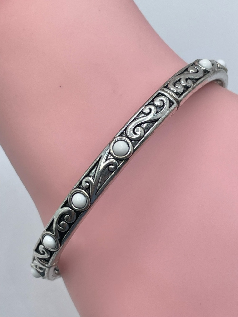 Silver Tone Scroll Stretch Bracelet White Cabochon Accent